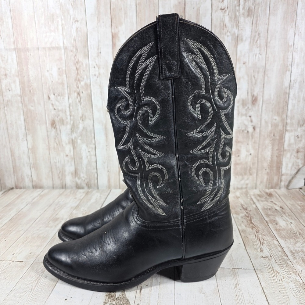 Womens Black Leather Western Cowboy Boots Contrast Stitch Pointed Toe Pull On - Picture 2 of 8